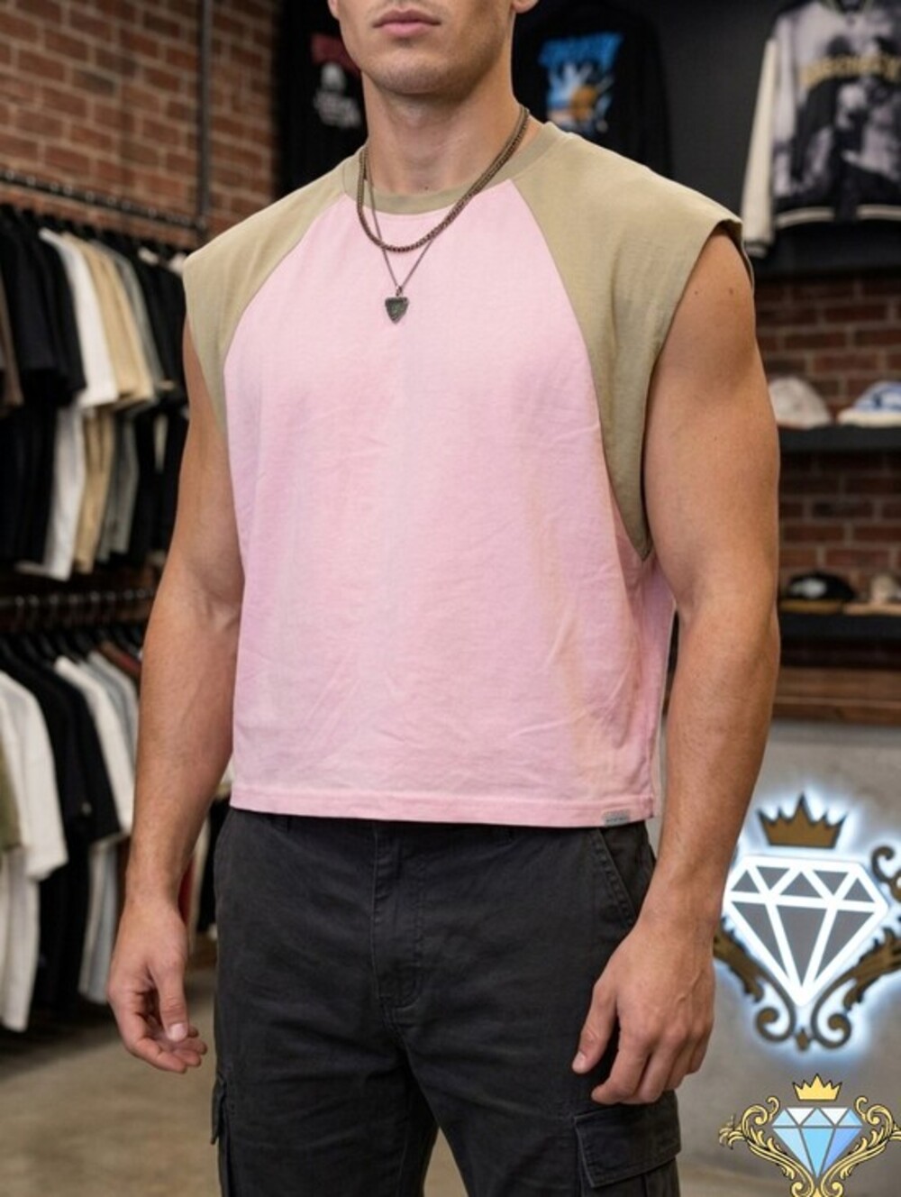 SUMWON x SHEIN Men’s Cropped Raglan Muscle Tank Top Pink Khaki Size Large